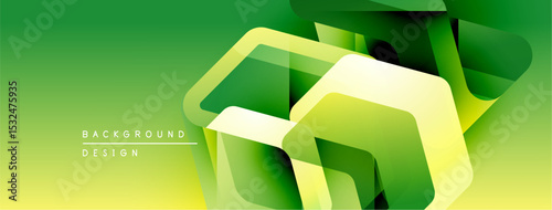 Abstract green background. Geometric shapes overlap creating dynamic visual effect. Gradient transitions add depth, modern aesthetic.