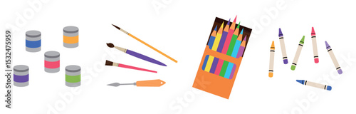 Set of art supplies. Gouache, brush, oil pastel, colored pencils in a box, palette knife. Drawing tools, accessories for creativity. Flat vector illustration on a white background.