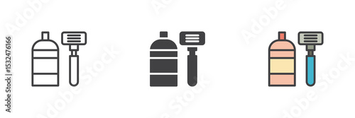 Soap dispenser and razor icon set in line, solid and filled outline style