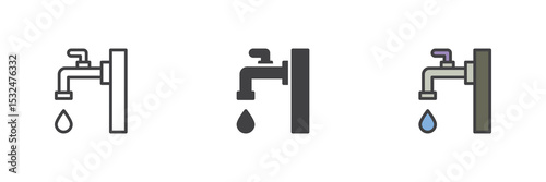 Water faucet icon set in line, solid and filled outline style