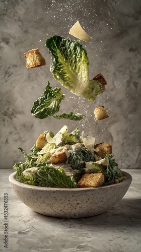Fresh Caesar salad ingredients being tossed in a bowl with romaine lettuce and croutons falling into place