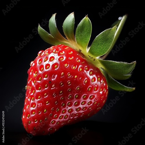 Freshly picked red strawberry on dark background with water droplets