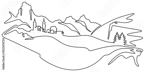 Continuous one line drawing temple in the mountains. Church on a rocky cliff. Religious building against the backdrop of nature. One continuous line isolated minimal illustration.Not AI.