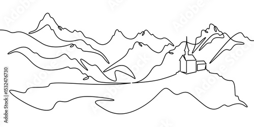Continuous one line drawing temple in the mountains. Church on a rocky cliff. Religious building against the backdrop of nature. One continuous line isolated minimal illustration.Not AI.