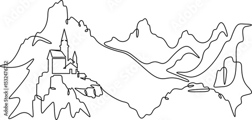 Continuous one line drawing temple in the mountains. Church on a rocky cliff. Religious building against the backdrop of nature. One continuous line isolated minimal illustration.Not AI.