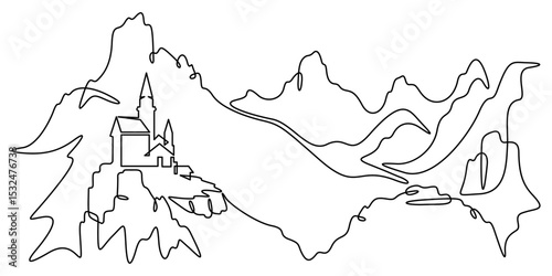Continuous one line drawing temple in the mountains. Church on a rocky cliff. Religious building against the backdrop of nature. One continuous line isolated minimal illustration.Not AI.