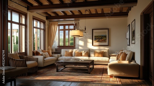 A cozy living room with warm natural light, wooden beams, elegant furniture, and tasteful decor creating a welcoming and comfortable atmosphere.