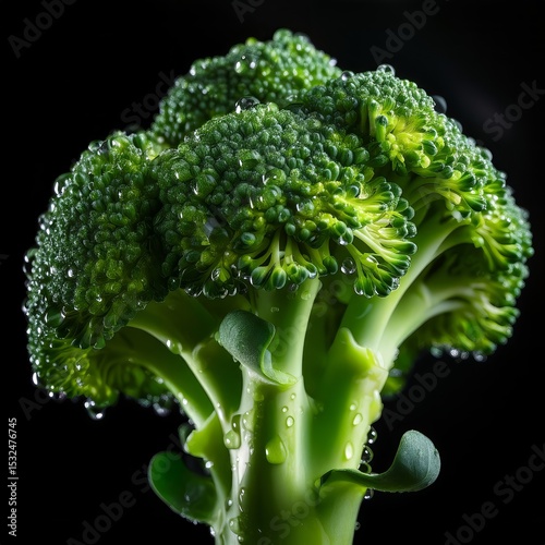 Fresh broccoli with water droplets captures vibrant green color in studio setting