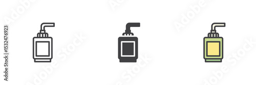 Soap dispenser pump icon set in line, solid and filled outline style