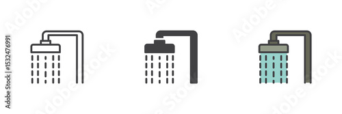 Shower head icon set in line, solid and filled outline style