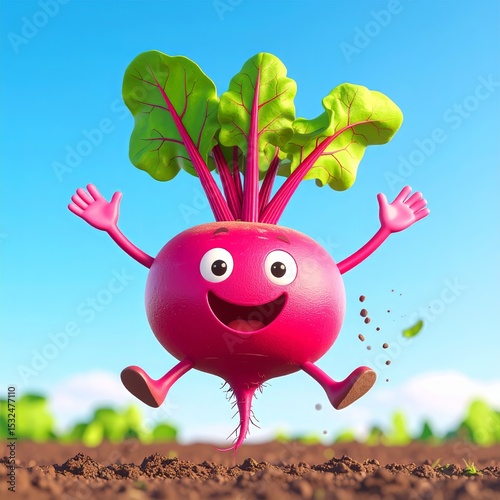 Cheerful beetroot jumping in a sunny garden filled with fresh vegetables