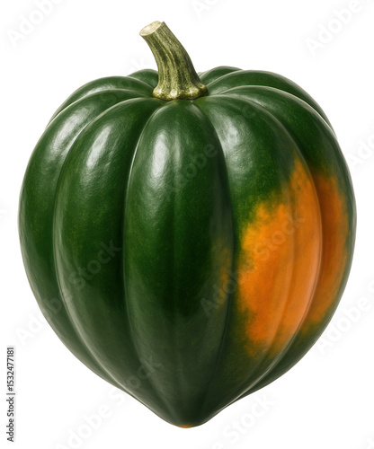 Green and orange acorn squash with a ridged texture and a short stem.