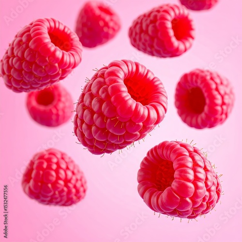 Floating raspberries having vibrant colors against a pink background in a creative display