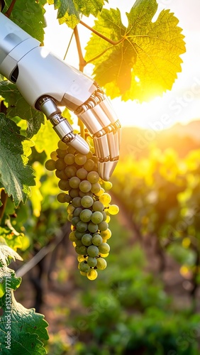 Robotic hand harvesting grapes in vineyard during sunset in warm golden light