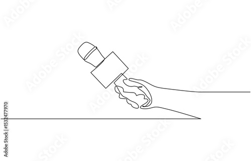 Hands holding news microphone in continuous one line drawing style. Journalist, reporter concept. Continuous one line drawing of hand holding news microphone. Editable line.