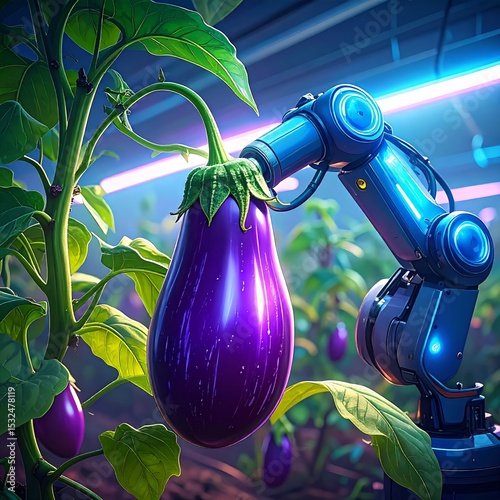 Robotic arm harvesting eggplant in a modern indoor farm setting