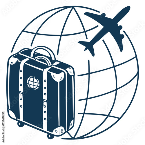 vector art of an airplane and a suitcase within a globe line art, used for travel, vacation and airport