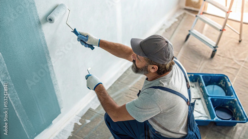 painter painting a wall with paint roller in the room
