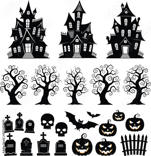 Spooky Halloween Silhouettes Featuring Haunted Houses, Trees, and Classic Symbols