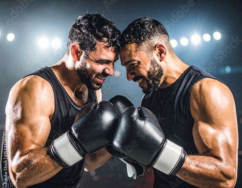 Boxing match between two athletes at a sports arena during evening event