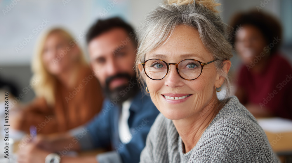 Fototapeta premium Smiling woman attending an adult education class with peers in the background