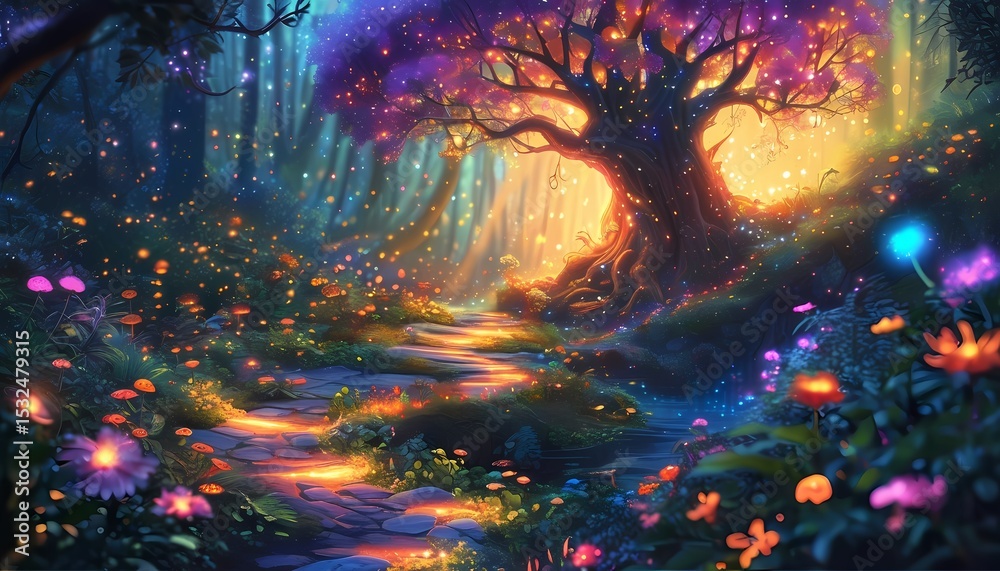 Fototapeta premium Enchanting fantasy landscape with glowing tree magical forest path digital art vibrant colors dreamy atmosphere nature's beauty