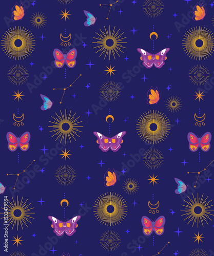 Pattern with colorful butterflies, constellations, stars, and moon phases on a dark night sky background. Ideal for textiles, wallpapers, and celestial-themed design.