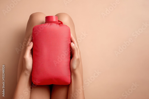Person holds red hot water bottle on their lap, providing warmth and comfort. scene suggests soothing and relaxing moment, possibly for pain relief or relaxation