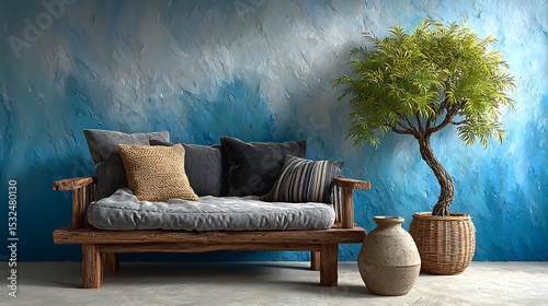 Abstract horizontal wall with realistic watercolor smears and blotches in cool tones, creating a textured background in a modern interior setting.