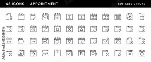 Appointment icon collection. Schedule, calendar, time, events, reminder, deadline, time management, booking, deadline and more. Editable stroke. Pixel Perfect. Grid base 32 x 32.