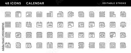 Calendar icon collection. Schedule, appointment, event, booking, date, deadline, time management, reminder, planner and more. Editable stroke. Pixel Perfect. Grid base 32 x 32.