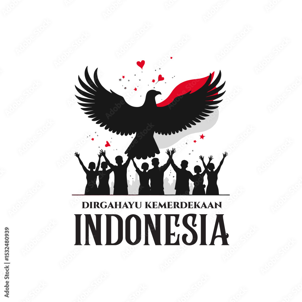 Obraz premium Indonesia Independence Celebration Vector with People Silhouette and Garuda Background