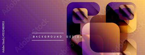 Abstract geometric shapes overlap purple, gold gradients. Modern design elements create dynamic visual impact. Background suggests technology, innovation.
