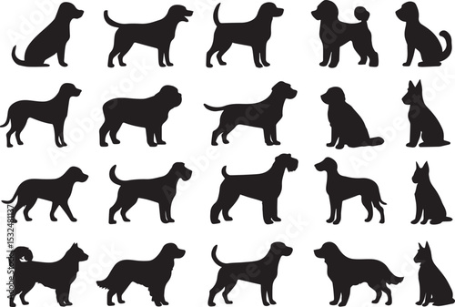 Set of 20 Dogs of different breeds black vector silhouette 