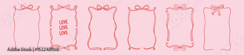 Whimsical wedding ribbon frame set. Elegant girly hand drawn bow border for invitation, menu, greetings design. Doodle wavy line art minimal vector illustrations. Vintage ink romantic elements. 