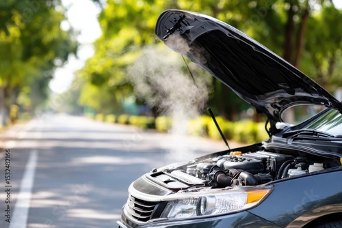 Overheated car engine smoking on roadside, with open hood.
