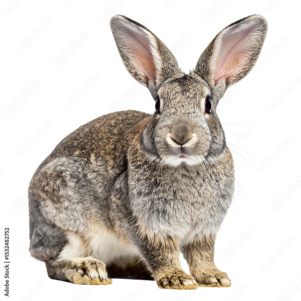 Fototapeta premium Close-up of a grey rabbit with long ears, looking intently forward on transparent background