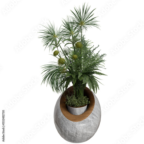 A lush, tropical-looking plant with vibrant green foliage and small, round fruits sits in a modern, oval-shaped planter.  The planter is a light grey stone with a contrasting light brown wood accent
