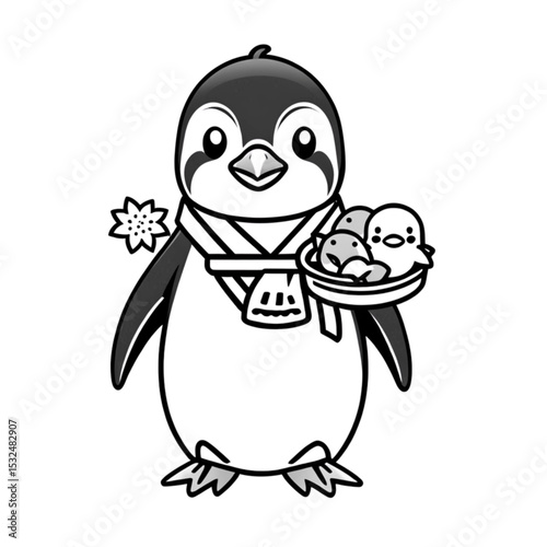 和装のペンギンとおもちゃ｜Penguin in Kimono with Toy