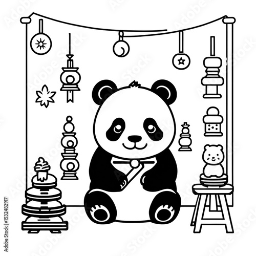 パンダと正月飾りの背景｜Panda with New Year Decorations