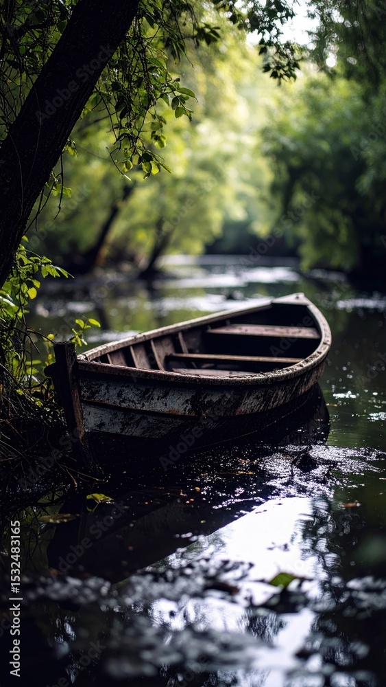Obraz premium A rustic wooden boat rests on a calm river, enveloped by lush green forest, creating a peaceful and serene natural scene.