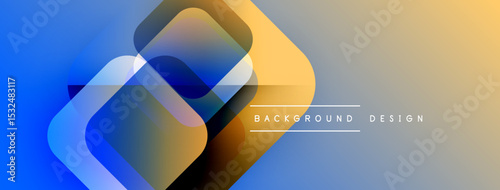 Abstract geometric shapes overlap. Blue, yellow gradients create modern background. Minimalist design suggests innovation, technology.