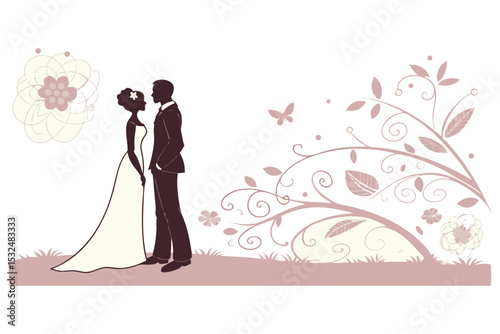 Bride and groom kissing on their wedding day in a romantic cartoon illustration with flowers and love elements