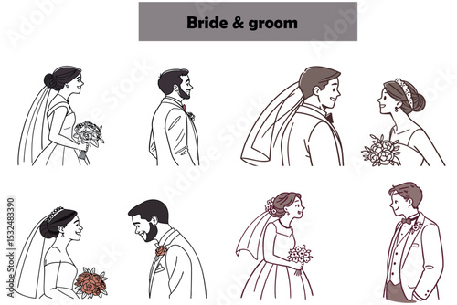 A delightful cartoon illustration set of wedding invitation cards for the bride and groom, featuring loving family people and children