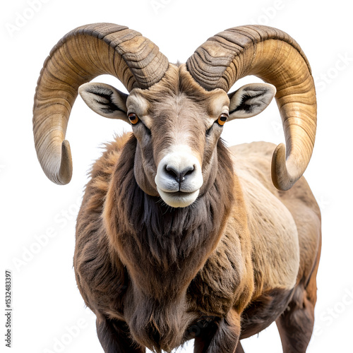 Majestic bighorn sheep with curved horns staring directly at the viewer on transparent background