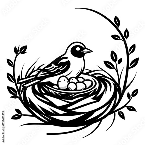 巣と卵を守る鳥｜Bird in Nest with Eggs