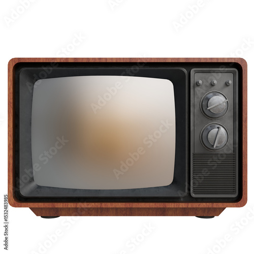 A vintage television set with a dark wood-grain cabinet, a gray metallic bezel, and two rotary knobs on the right side. The screen shows a blurry, muted orange-toned image