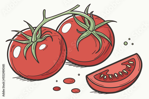 Three ripe red tomatoes with sliced piece in vector hand-drawn illustration