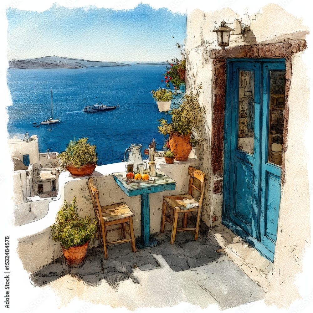Obraz premium Greek Island Balcony Watercolor View