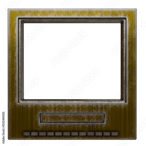A digitally rendered image of a vintage, square, metallic monitor with a dark screen. rectangular control panel is situated beneath the screen, featuring a row of small, dark buttons.